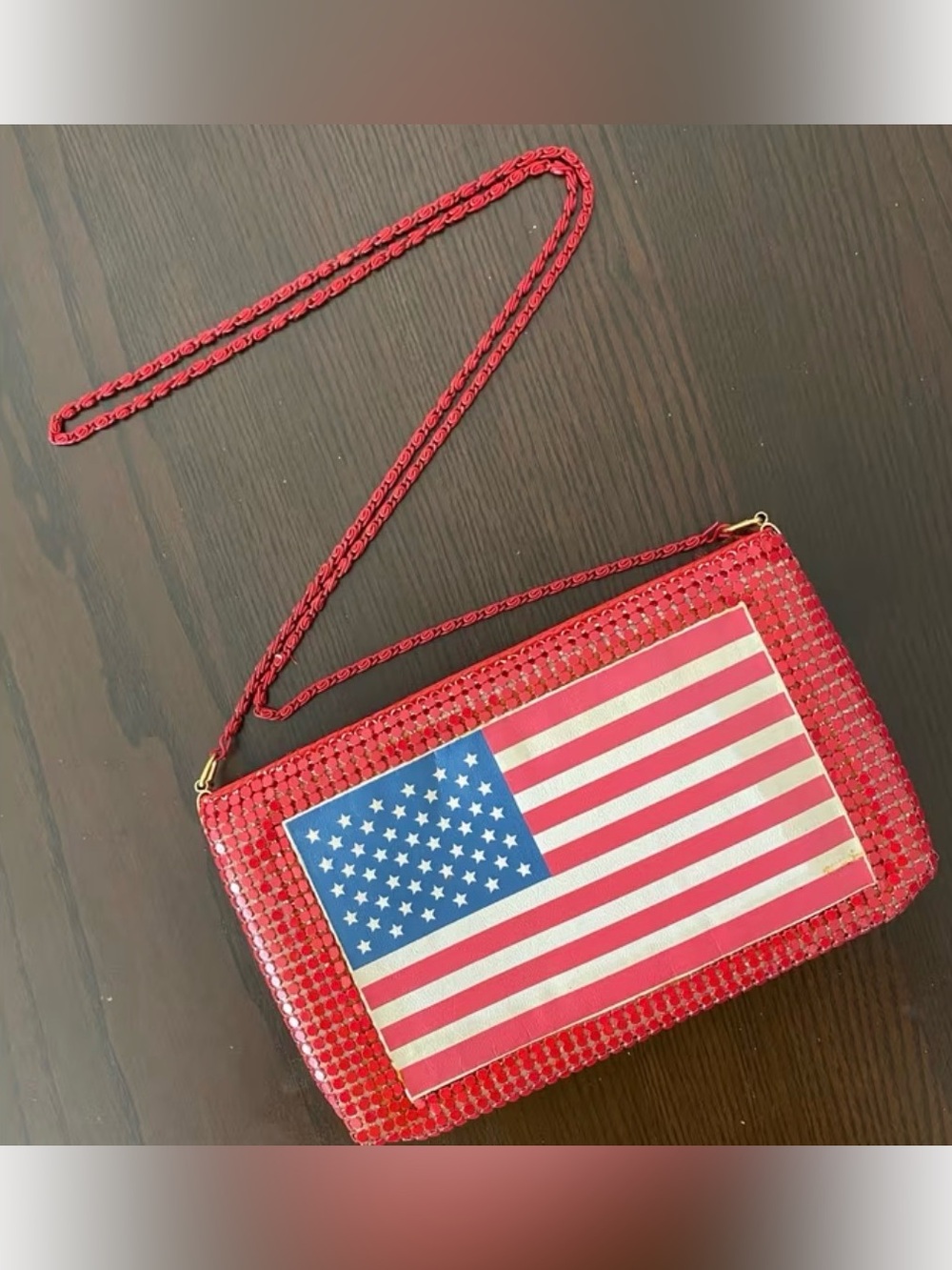 Red Metal Crossbody Bag with American Flag